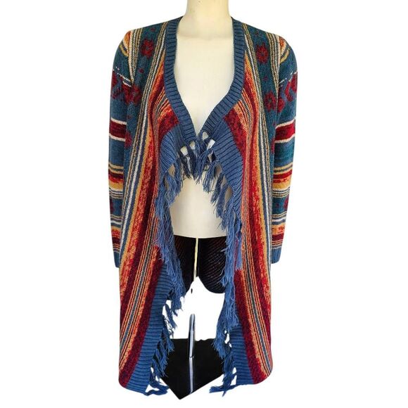 Wrangler Women’s M Long Cardigan Sweater Fringe Open Front Boho Aztec Southwest - Picture 1 of 7
